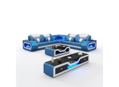 Hoekbank L-vorm Salontafel Bank Bank Ontwerp Bekleding Leer Modern Blauw Tafel Nieuw