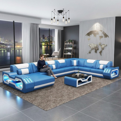 Hoekbank U-vorm Salontafel Bank Ontwerp Grijs Bekleding Leer Modern Woonlandschap