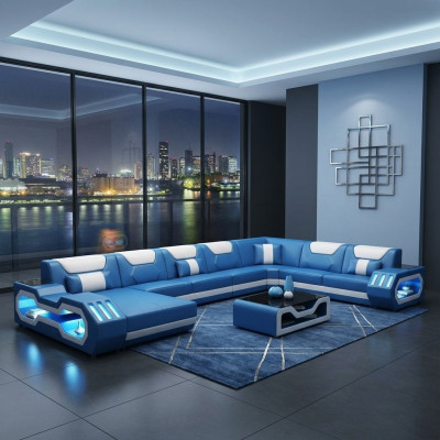 Hoekbank U-vorm Salontafel Bank Ontwerp Grijs Bekleding Leer Modern Woonlandschap