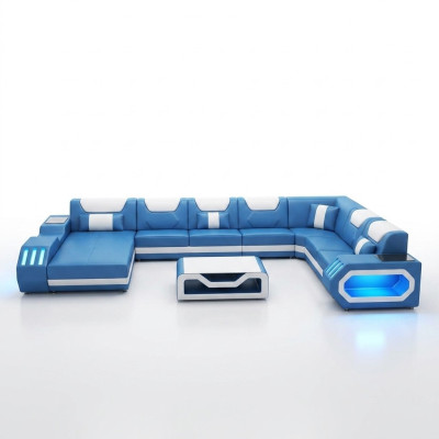 Hoekbank U-vorm Salontafel Bank Ontwerp Grijs Bekleding Leer Modern Woonlandschap