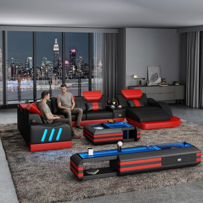 Hoekbank U-vorm Sideboard Salontafel Bank Ontwerp Grijs Bekleding Leer Modern 3-delig.