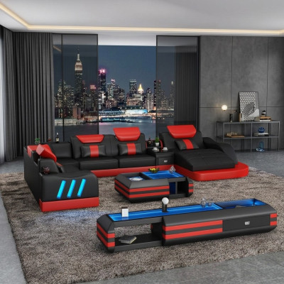 Hoekbank U-vorm Sideboard Salontafel Bank Ontwerp Grijs Bekleding Leer Modern 3-delig.