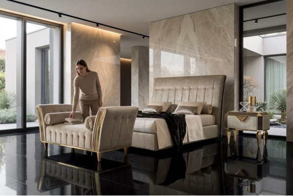 Bed 2x Nachtkastje Chaiselounge 4-delige Slaapkamer Set Meubels Modern Luxe Bedden