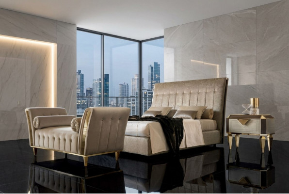 Bed 2x Nachtkastje Chaiselounge 4-delige Slaapkamer Set Meubels Modern Luxe Bedden