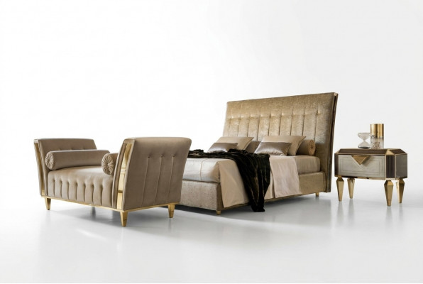 Bed 2x Nachtkastje Chaiselounge 4-delige Slaapkamer Set Meubels Modern Luxe Bedden