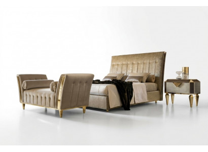 Bed 2x Nachtkastje Chaiselounge 4-delige Slaapkamer Set Meubels Modern Luxe Bedden