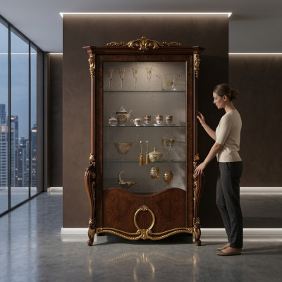 Woonkamer meubilair klassieke houten glazen vitrinekast kast vitrines nieuw