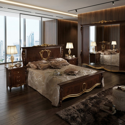 Klassieke slaapkamerset Bed 2x nachtkastje Luxe beddenmeubilair 3-delig hout Nieuw