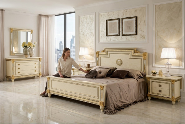 Bed 2x bedside table design bedroom Classic 3-piece Luxury Bed Set Furniture