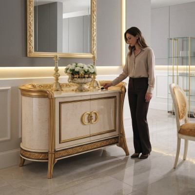 Ontwerpmeubels in barokstijl, beige luxe houten dressoir kast, Italiaanse meubels nieuw.