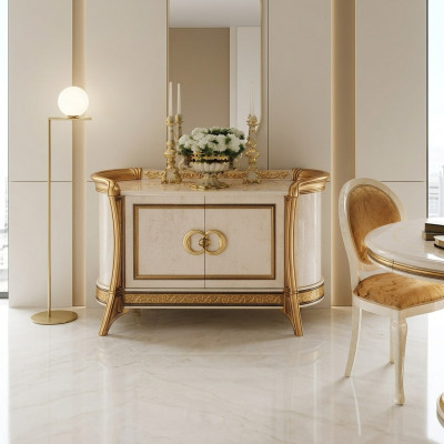 Ontwerpmeubels in barokstijl, beige luxe houten dressoir kast, Italiaanse meubels nieuw.