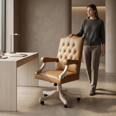 Luxe kantoorstoel met bekleding, draaibaar, ontwerper meubels, kantoorbaas.