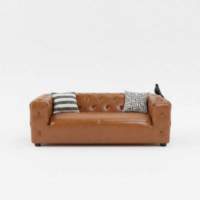 Amerikaanse stijl Chesterfield bankstel van leer, driezits bruin.