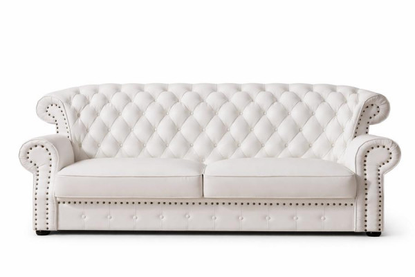 Witte Chesterfield-driepersoonsbank met hoge rugleuning, echt handgemaakt lederen bankstel.