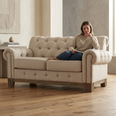 Chesterfield 2-zits klassieke luxueuze natuurlijk houten frame bankstel textiel lederen bank.