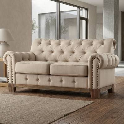 Chesterfield 2-zits klassieke luxueuze natuurlijk houten frame bankstel textiel lederen bank.