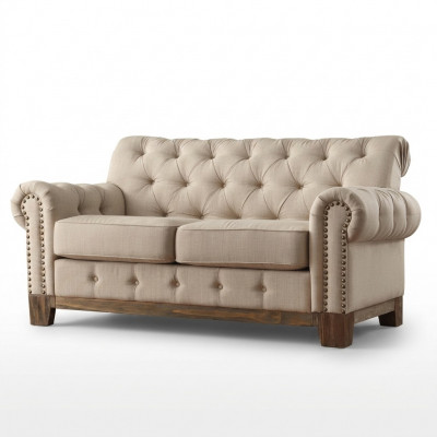 Chesterfield 2-zits klassieke luxueuze natuurlijk houten frame bankstel textiel lederen bank.