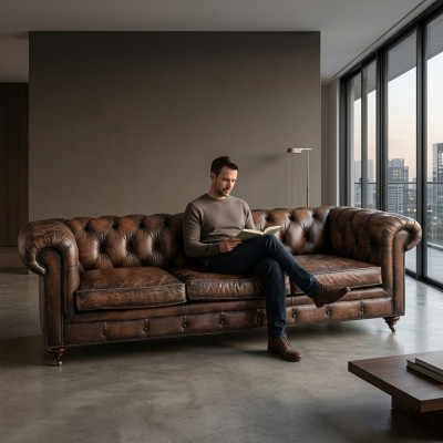 Bruine Chesterfield 3-zits leren bank Engelse stijl meubels