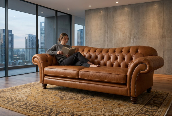 Bruine Chesterfield driezits luxe woonkamer 3-zitsbank
