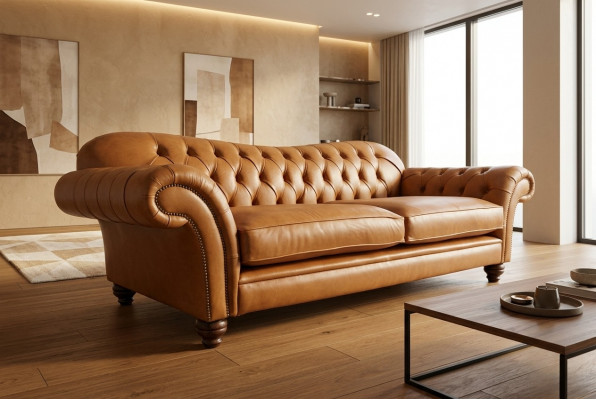 Bruine Chesterfield driezits luxe woonkamer 3-zitsbank