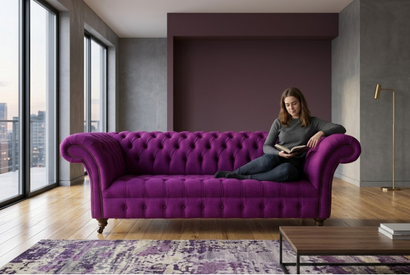 Chesterfield 3-Zits Klassieke Luxe Paars Roze Sofa Bank Textiel Bank