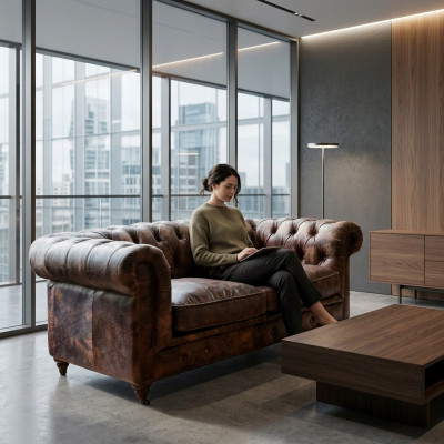 Bruine Chesterfield Herenclubbank Bank Lederen Bekleding Driepersoons
