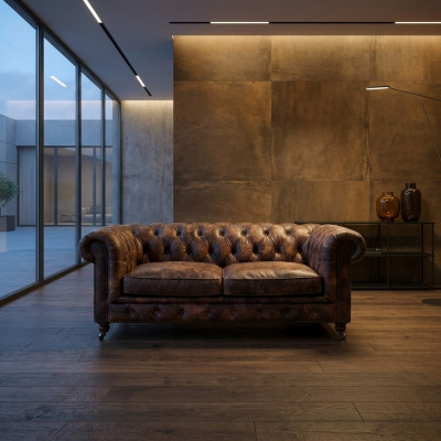 Bruine Chesterfield Herenclubbank Bank Lederen Bekleding Driepersoons