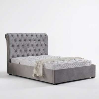 Royale grijze slaapkamer bed gestoffeerde bedden Chesterfield design textiel
