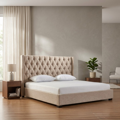 Beige slaapkamer bedden gestoffeerd bed Chesterfield textiel stof nieuw.