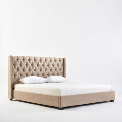 Beige slaapkamer bedden gestoffeerd bed Chesterfield textiel stof nieuw.