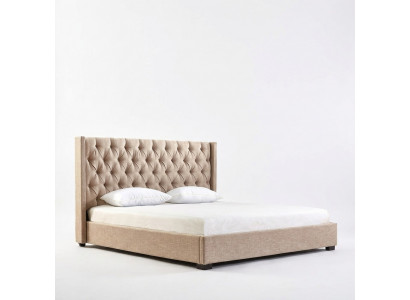 Beige slaapkamer bedden gestoffeerd bed Chesterfield textiel stof nieuw.