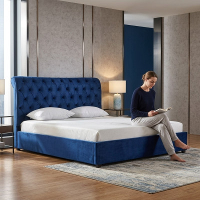 Blauw Chesterfield tweepersoonsbed slaapkamer luxe meubels gestoffeerde bedden