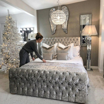 Chesterfield bed slaapkamer bedden textiel 180x200 cm fluweel Big hotel grijs nieuw
