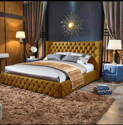 Chesterfield Zwarte Bed Slaapkamer Bedden Textiel Fluweel Grote Hotel Bedden