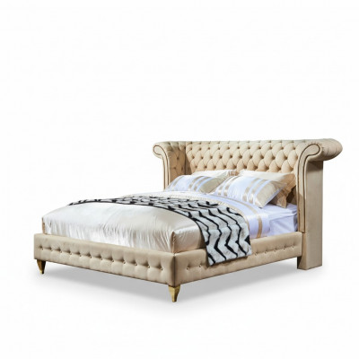 Klassieke slaapkamer bed Beige textiel lederen bekleding Tweepersoonsbed 180x200cm