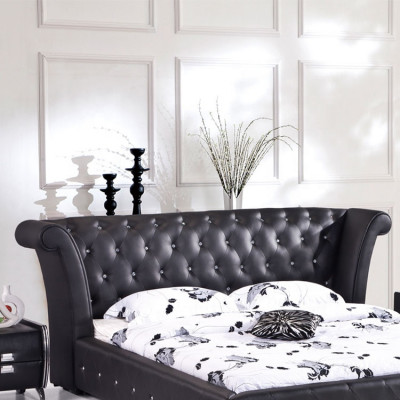 Chesterfield Groot Bed XXL Hoofdeinde Bedden Bekleding Hotel Velours Zwart Stof Oren