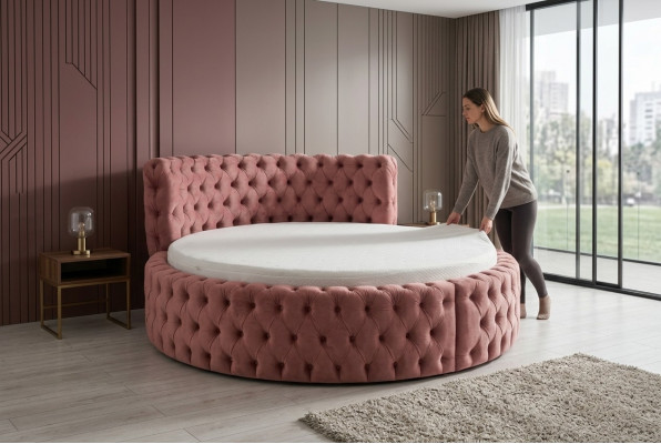 Rond fluwelen bed Chesterfield luxe bekleding Ronde bedden textiel stof hotel Nieuw