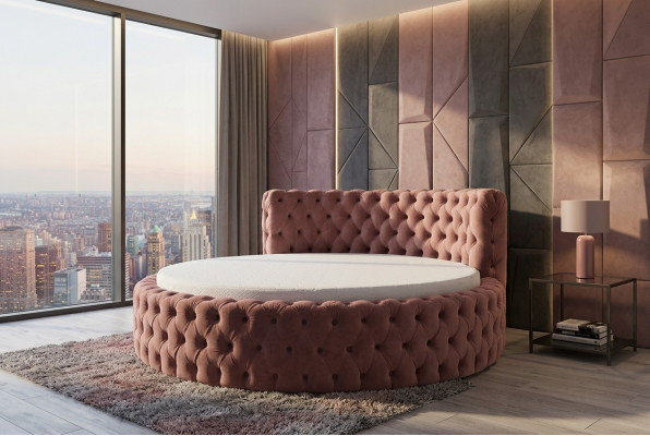 Rond fluwelen bed Chesterfield luxe bekleding Ronde bedden textiel stof hotel Nieuw