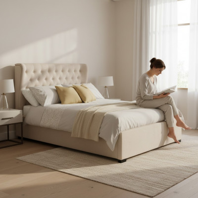 Chesterfield Design Gestoffeerd Engels Bed Tweepersoons Bed Beige Bedden 160/180x200