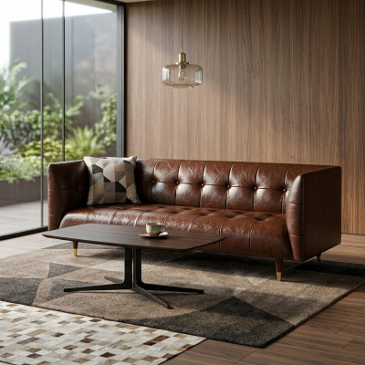 Bruine Chesterfield Luxe 3-zits Leren Woonkamerbank