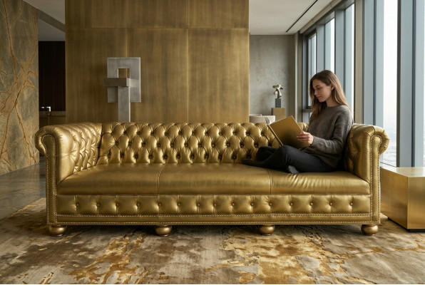 Chesterfield 4-zits bank bankstel lederen bekleding zit stof gouden zitplaats nieuw
