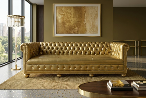 Chesterfield 4-zits bank bankstel lederen bekleding zit stof gouden zitplaats nieuw