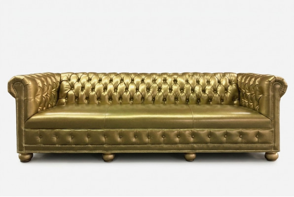Chesterfield 4-zits bank bankstel lederen bekleding zit stof gouden zitplaats nieuw