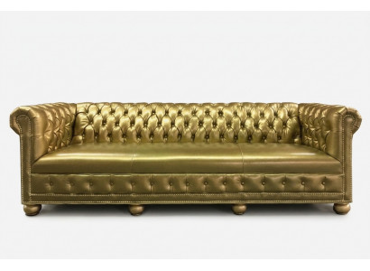Chesterfield 4-zits bank bankstel lederen bekleding zit stof gouden zitplaats nieuw