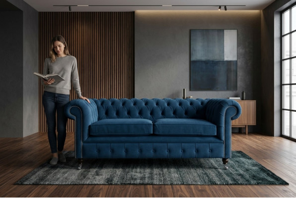 Blauwe luxe gestoffeerde Chesterfield driepersoonsdesignerbank