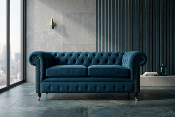 Blauwe luxe gestoffeerde Chesterfield driepersoonsdesignerbank