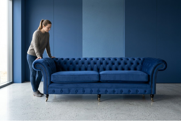 Klassieke Chesterfield bank 4-zits bank Sofa Fluweel Leer Blauw Design Bekleding