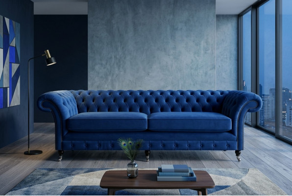 Klassieke Chesterfield bank 4-zits bank Sofa Fluweel Leer Blauw Design Bekleding