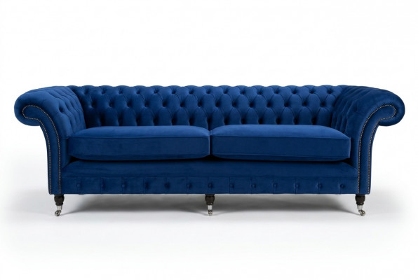 Klassieke Chesterfield bank 4-zits bank Sofa Fluweel Leer Blauw Design Bekleding
