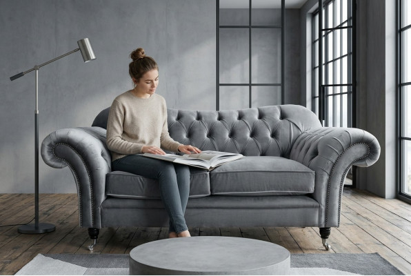Chesterfield Originele Bankstel Stoffen Banken Grijs 200cm Bank